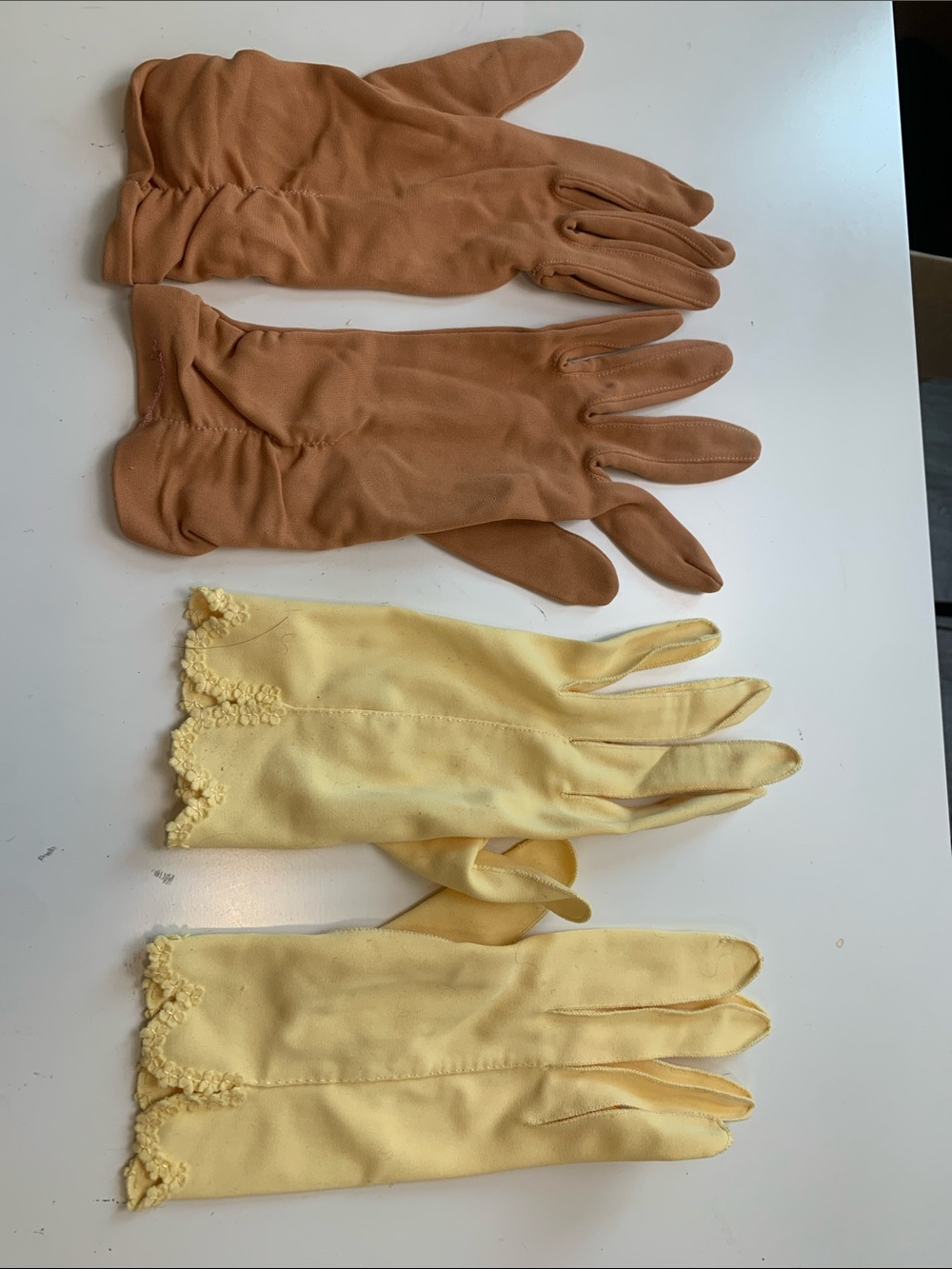 two pairs of vintage Women's Fashion Gloves - Tan & Pale Yellow